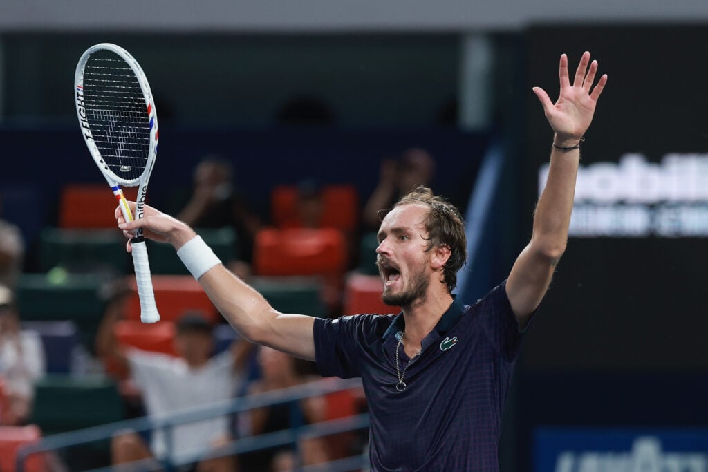 Daniil Medvedev celebrates after reaching the semifinals in Shanghai.