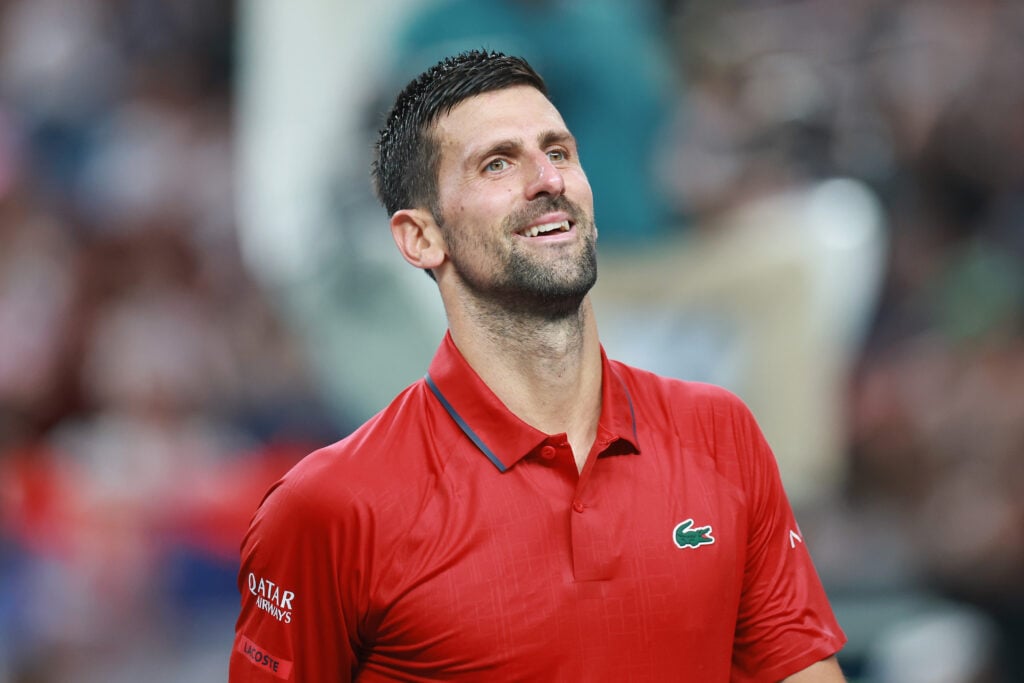 Novak Djokovic of Serbia reacts against Valentin Vacherot of Monaco in the Men's singles Semifinals on day 13 of the 2025 Shanghai Rolex Masters at Qi Zhong Tennis Center.