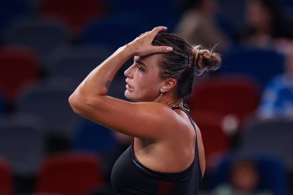 Aryna Sabalenka reacts against Jessica Pegula of the United States in the Women's Singles Semifinal match during day eight of the 2025 Wuhan Open at Optics Valley International Tennis Center.