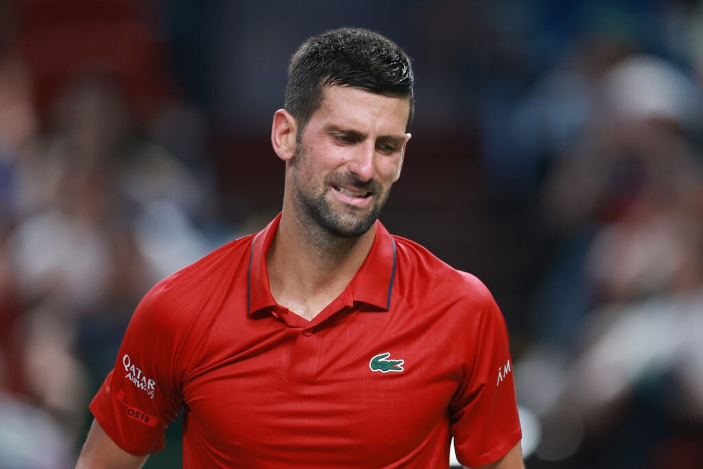 Novak Djokovic of Serbia reacts against Valentin Vacherot of Monaco in the Men's singles Semifinals on day 13 of the 2025 Shanghai Rolex Masters at Qi Zhong Tennis Center.
