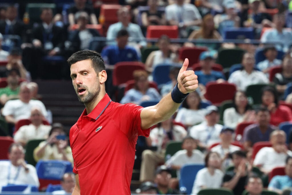 Novak Djokovic reacts during his defeat to Valentin Vacherot in Shanghai