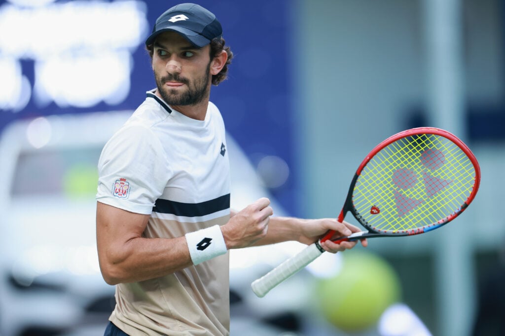 Valentin Vacherot of Monaco reacts against Arthur Rinderknech of France in the Men's singles final on day 14 of the 2025 Shanghai Rolex Masters at Qi Zhong Tennis Center.