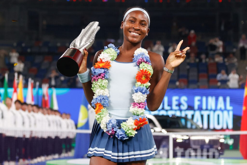 Coco Gauff of United States with the winners trophy after winning against Jessica Pegula of the United States during the Women's Singles Final match award ceremony on Day 9 of the Wuhan Open at Optics Valley International Tennis Center.