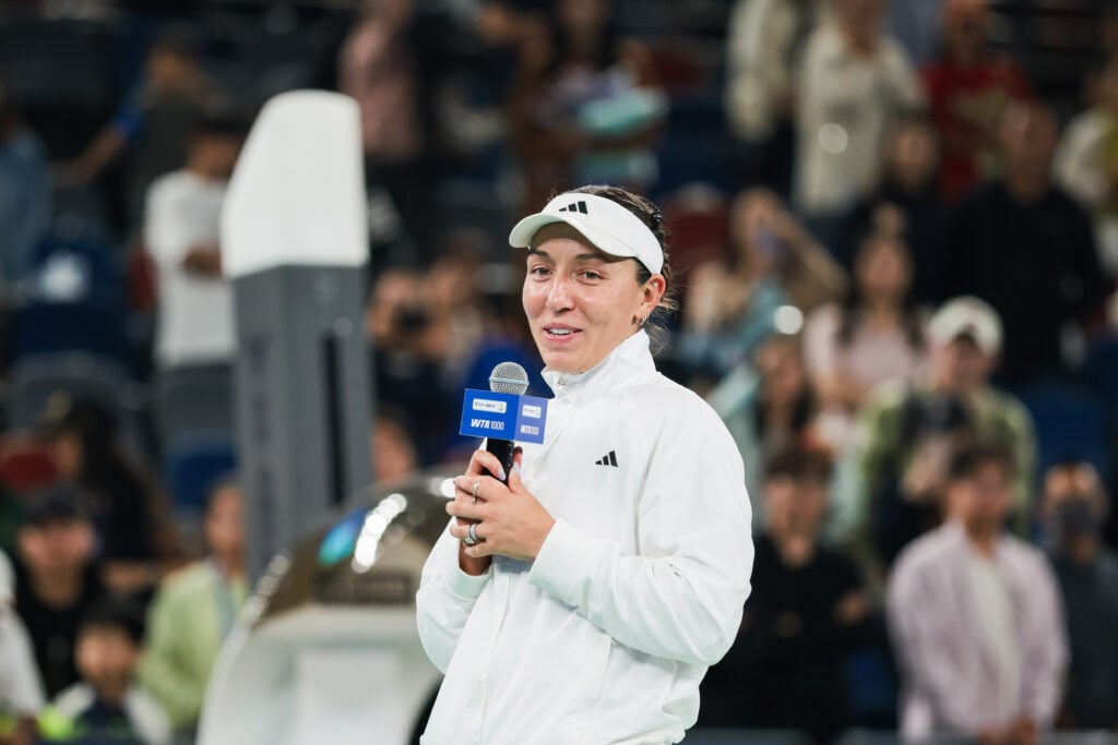 Jessica Pegula speaks to the crowd after the 2025 Wuhan Open final