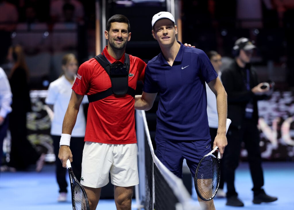 Jannik Sinner and Novak Djokovic pose together ahead of their semifinal match at the 2025 Six Kings Slam