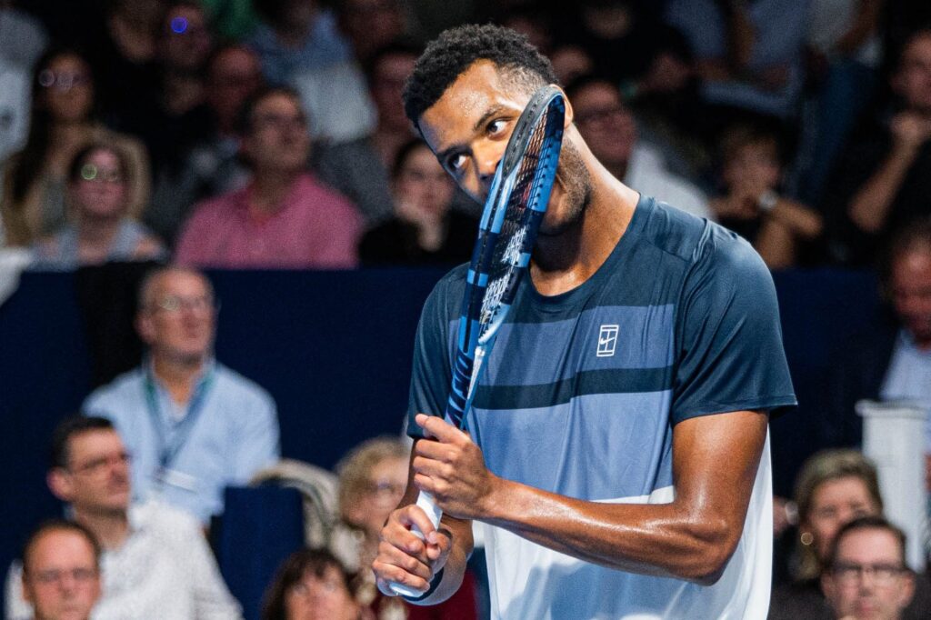 Giovanni Mpetshi Perricard reacts during his defeat to Jiri Lehecka in Brussels.
