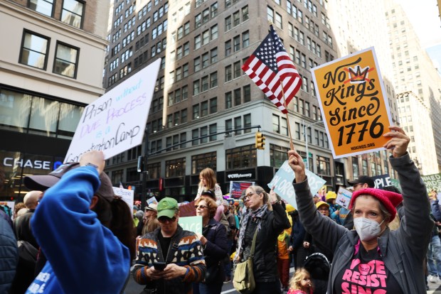NEW YORK CITY - OCTOBER 18: Thousands of people participate in a "No Kings" protest in Manhattan on October 18, 2025, in New York City. Organizers expect millions to participate in cities and towns across the nation for the second "No Kings" protest to denounce the Trump administration. (Photo by Spencer Platt/Getty Images)