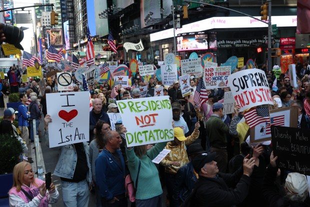 NEW YORK CITY - OCTOBER 18: Thousands of people participate in a "No Kings" protest in Manhattan on October 18, 2025, in New York City. Organizers expect millions to participate in cities and towns across the nation for the second "No Kings" protest to denounce the Trump administration. (Photo by Spencer Platt/Getty Images)