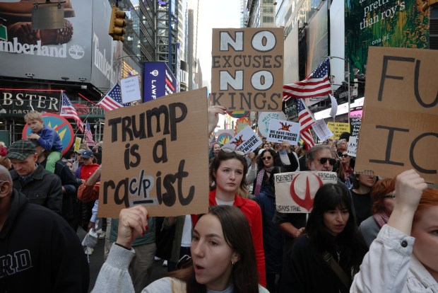 NEW YORK CITY - OCTOBER 18: Thousands of people participate in a "No Kings" protest in Manhattan on October 18, 2025, in New York City. Organizers expect millions to participate in cities and towns across the nation for the second "No Kings" protest to denounce the Trump administration. (Photo by Spencer Platt/Getty Images)