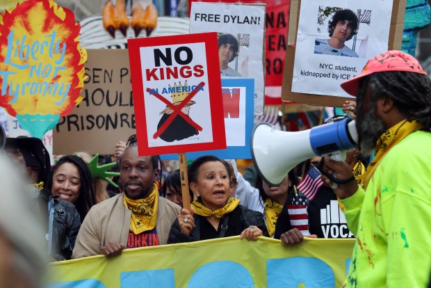 NEW YORK CITY - OCTOBER 18: U.S. Rep. Nydia Velazquez (D-NY) (C) joins demonstrators participating in a "No Kings" protest in Manhattan on October 18, 2025, in New York City. Organizers expect millions to participate in cities and towns across the nation for the second "No Kings" protest to denounce the Trump administration. (Photo by Spencer Platt/Getty Images)