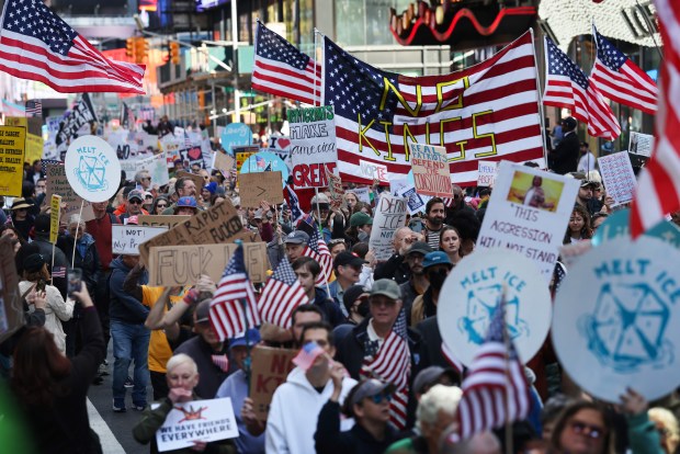 NEW YORK CITY - OCTOBER 18: Thousands of people participate in a "No Kings" protest in Manhattan on October 18, 2025, in New York City. Organizers expect millions to participate in cities and towns across the nation for the second "No Kings" protest to denounce the Trump administration. (Photo by Spencer Platt/Getty Images)