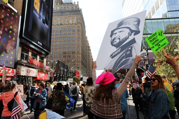NEW YORK CITY - OCTOBER 18: Thousands of people participate in a "No Kings" protest in Manhattan on October 18, 2025, in New York City. Organizers expect millions to participate in cities and towns across the nation for the second "No Kings" protest to denounce the Trump administration. (Photo by Spencer Platt/Getty Images)