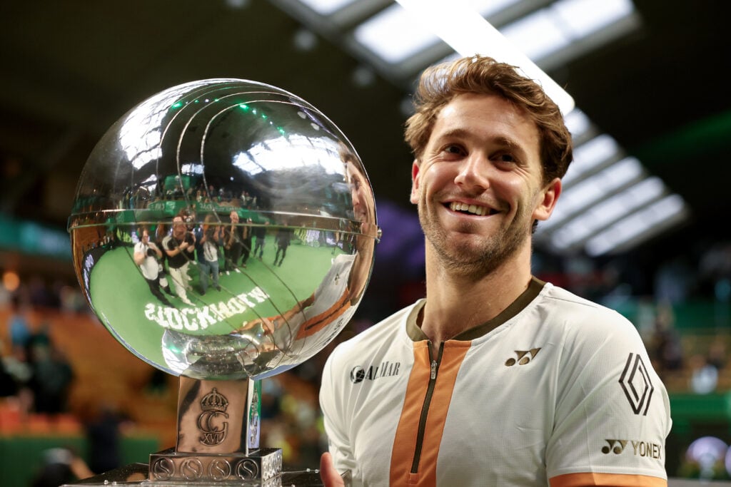 Casper Ruud of Norway poses for a photo with his winners trophy following his victory against Ugo Humbert of France during the Men's Singles final match on day nine of the BNP Paribas Nordic Open 2025 at Royal Tennis Hall.
