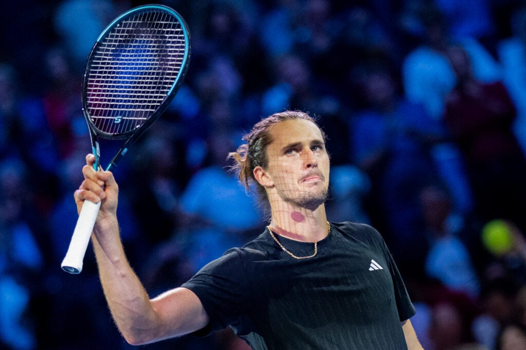 Alexander Zverev reacts after beating Jacob Fearnley at the 2025 Vienna Open