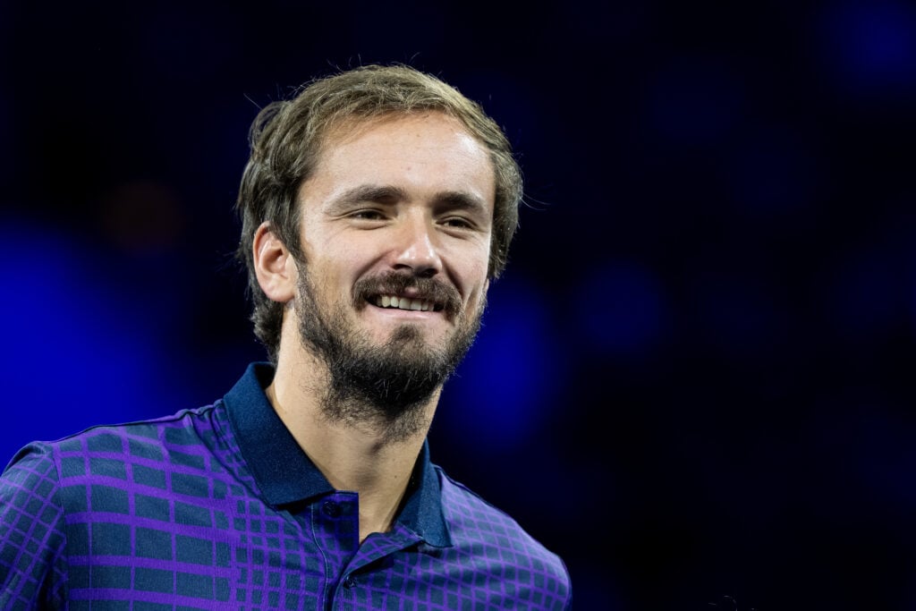 Daniil Medvedev reacts against Nuno Borges of Portugal in their first round match during day five of the Erste Bank Open 2025 at Wiener Stadthalle.