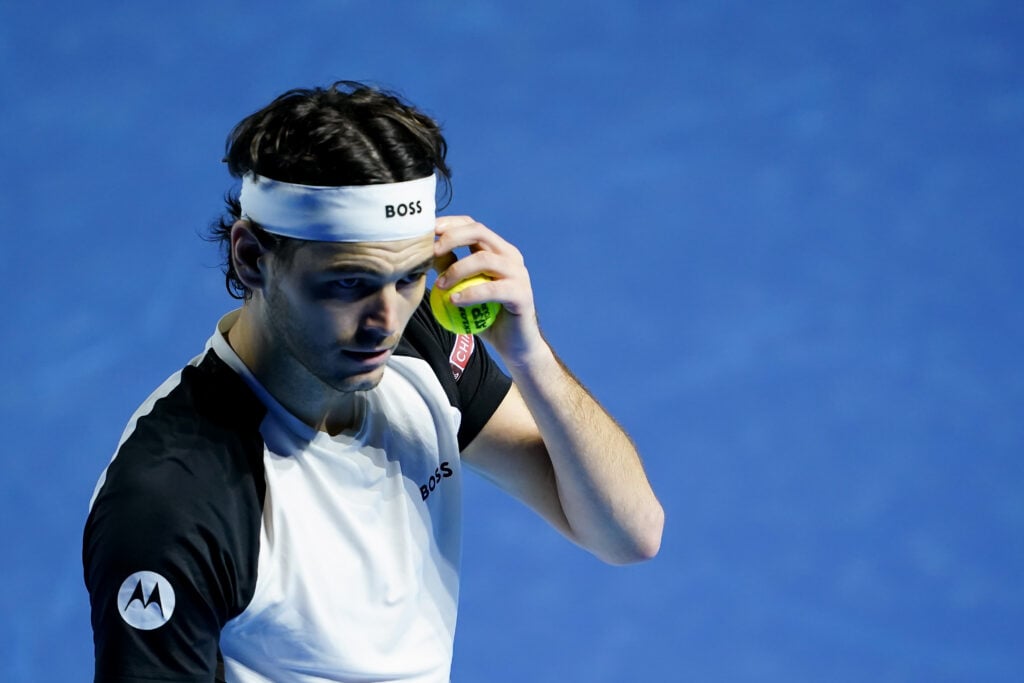 Taylor Fritz reacts during his first-round win over Valentin Vacherot at the 2025 Swiss Indoors