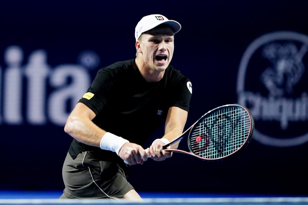 Jenson Brooksby in action at the Swiss Indoors in Basel.