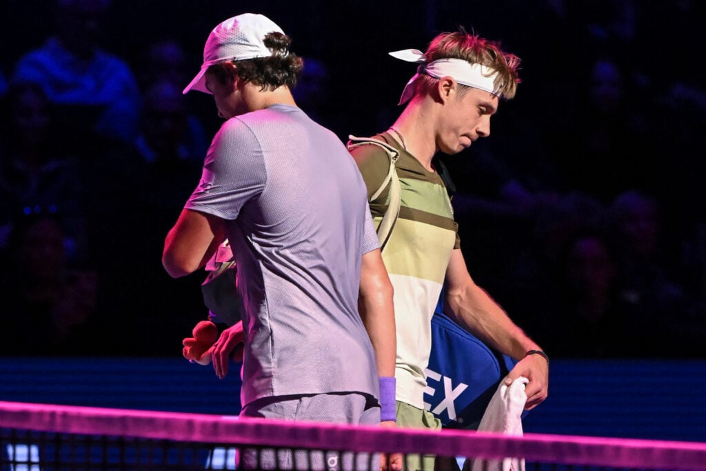 Denis Shapovalov leaves the court after losing to Joao Fonseca at the 2025 Swiss Indoors