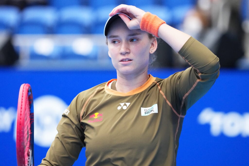 Elena Rybakina of Kazakhstan looks on against Leylah Fernandez of Canada during the Singles Round of 16 on day four of the Toray Pan Pacific Open at Ariake Coliseum.
