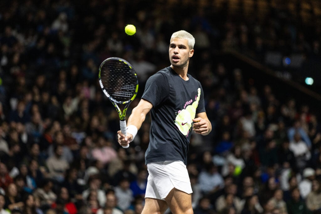 Carlos Alcaraz participates in a training session before the Paris ATP Masters 1000 tennis tournament at the Paris La Defense Arena in Nanterre.