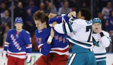 Rangers’ Matt Rempe injured against Sharks after fighting Ryan Reaves