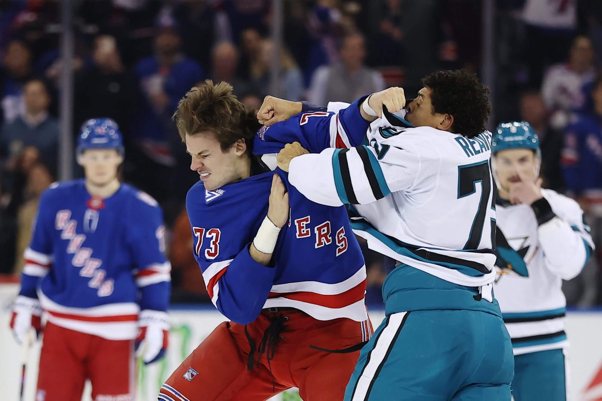 Rangers’ Matt Rempe injured against Sharks after fighting Ryan Reaves