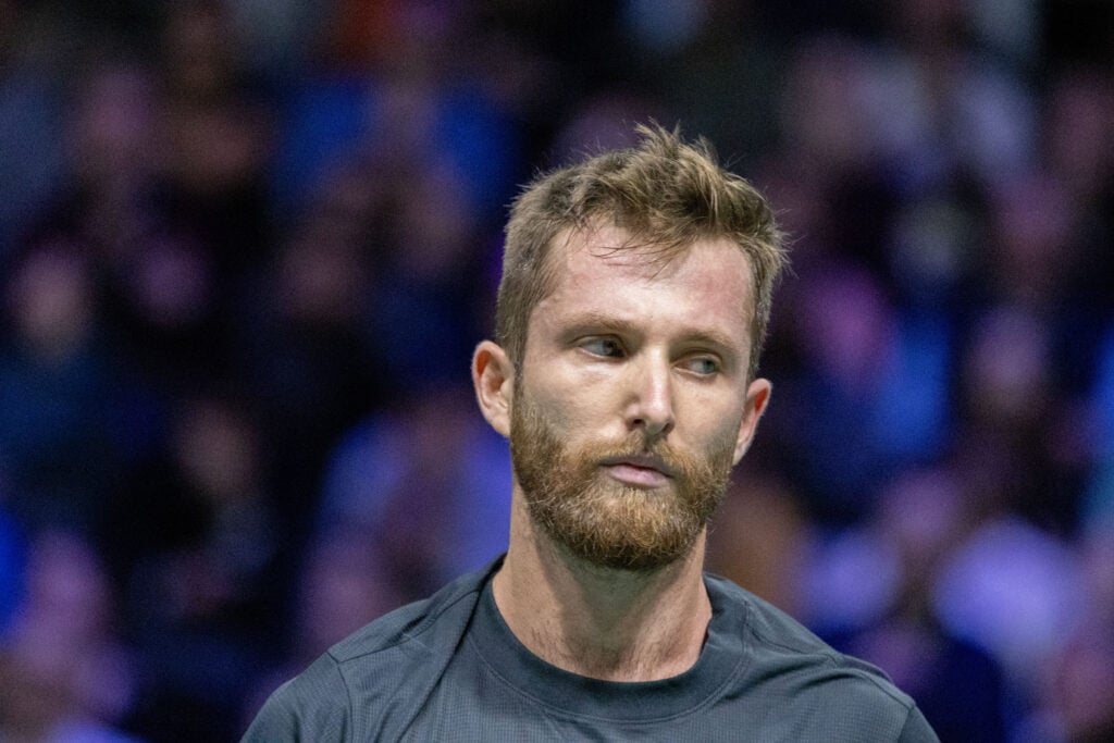 Corentin Moutet looks on during his second round match at the 2025 Paris Masters against Alexander Bublik.