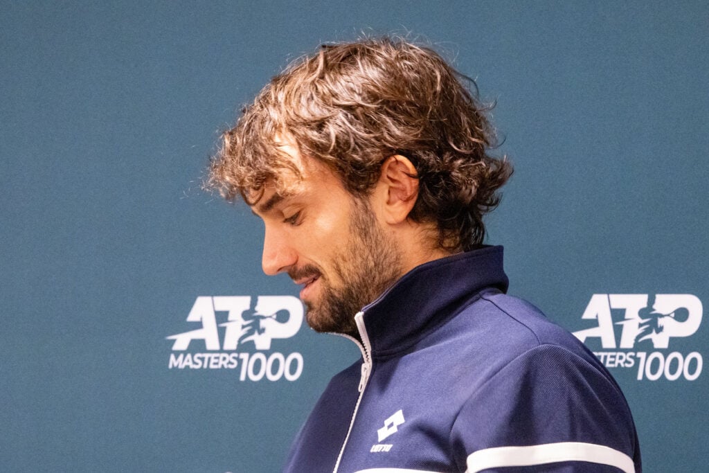 Valentin Vacherot looks on during a press conference at the 2025 Paris Masters