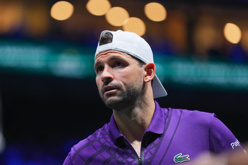 Grigor Dimitrov looks on during his win over Giovanni Mpetshi Perricard at the 2025 Paris Masters