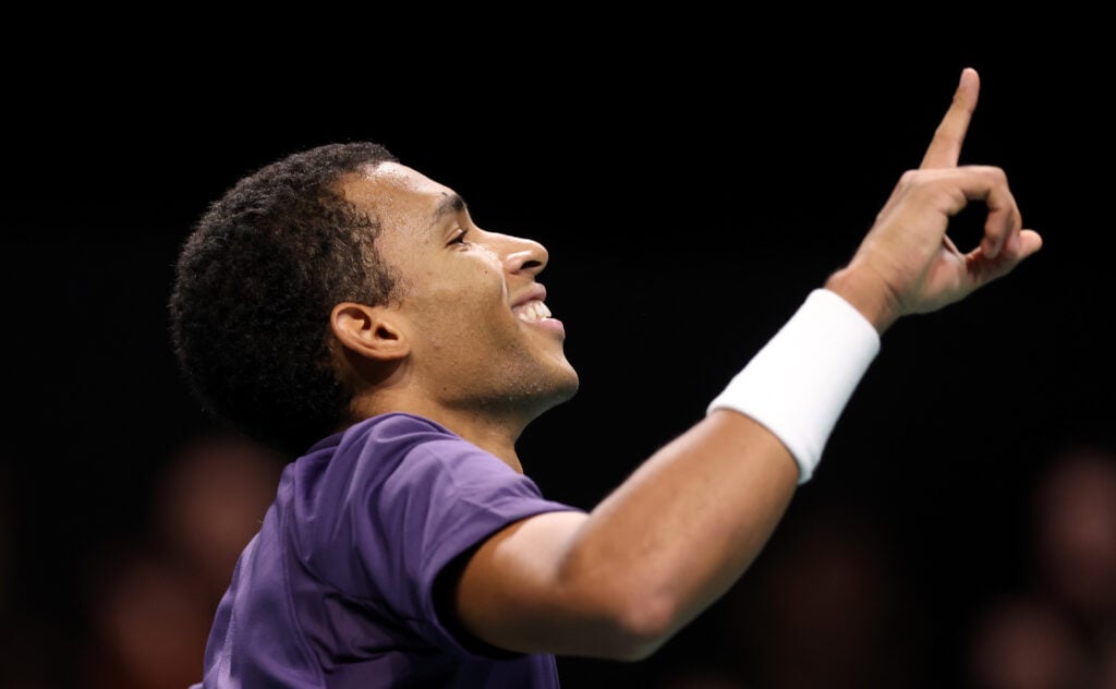 Felix Auger-Aliassime celebrates his win over Alexandre Muller at the 2025 Paris Masters