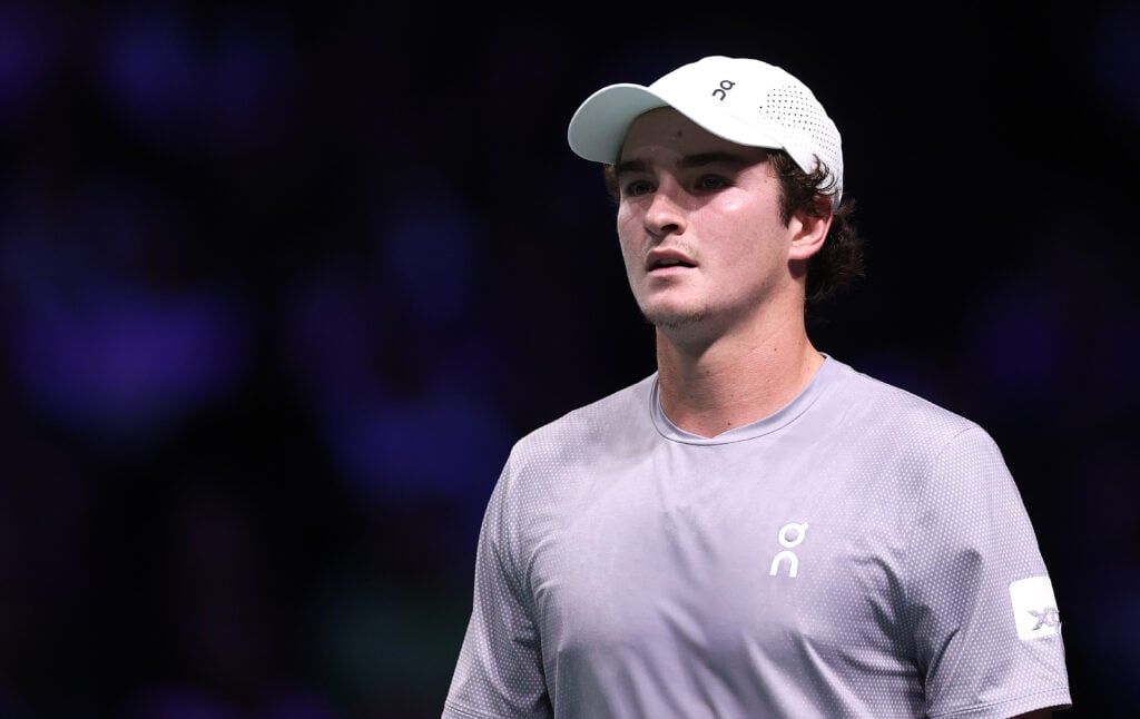 Joao Fonseca looks on during his match with Karen Khachanov at the 2025 Paris Masters.