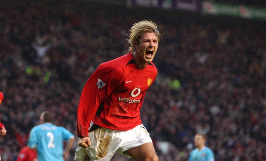 David Beckham celebrates scoring for Manchester United in 2003.