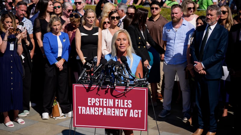 Rep. Marjorie Taylor Greene (R-GA) speaks at a news conference with alleged victims of disgraced financier and sex trafficker Jeffrey Epstein outside the U.S. Capitol on September 03, 2025 in Washington, DC.