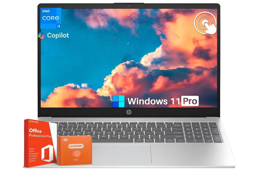 HP laptop with Windows 11 Pro, Intel Core i3, and Microsoft Office Professional Plus.