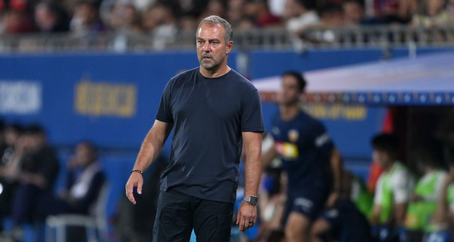 Hansi Flick, Head Coach of FC Barcelona, reacts during the LaLiga EA Sports match between FC Barcelona and Valencia CF at Estadi Johan Cruyff.