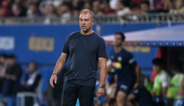 Hansi Flick, Head Coach of FC Barcelona, reacts during the LaLiga EA Sports match between FC Barcelona and Valencia CF at Estadi Johan Cruyff.