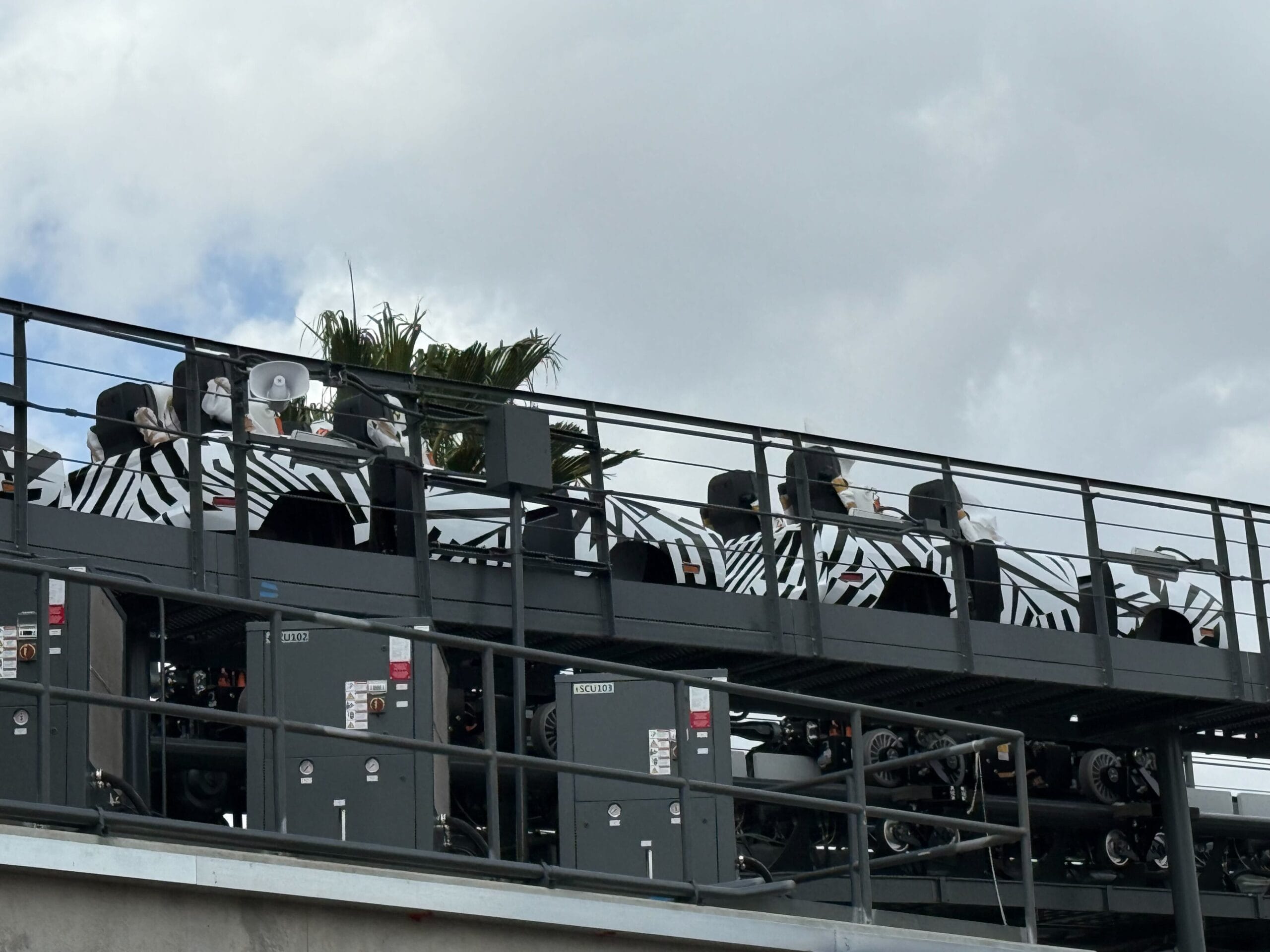 Guests ride zebra-striped roller coaster cars at Universal Studios, not far from Disney parks famous for their iconic castles, cloudy skies above.