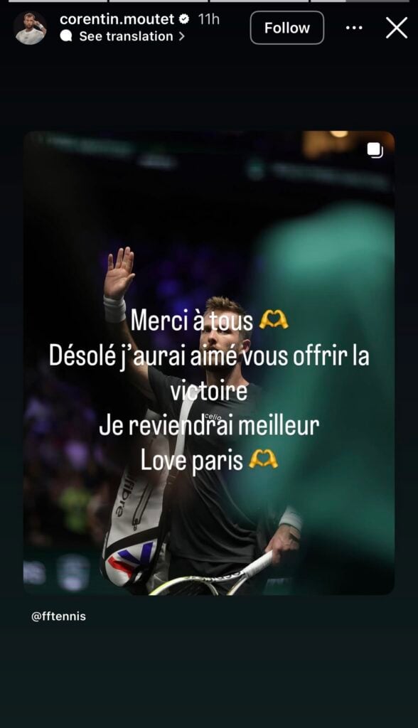 Corentin Moutet posts his first message on Instagram after losing to Alexander Bublik at the Paris Masters.