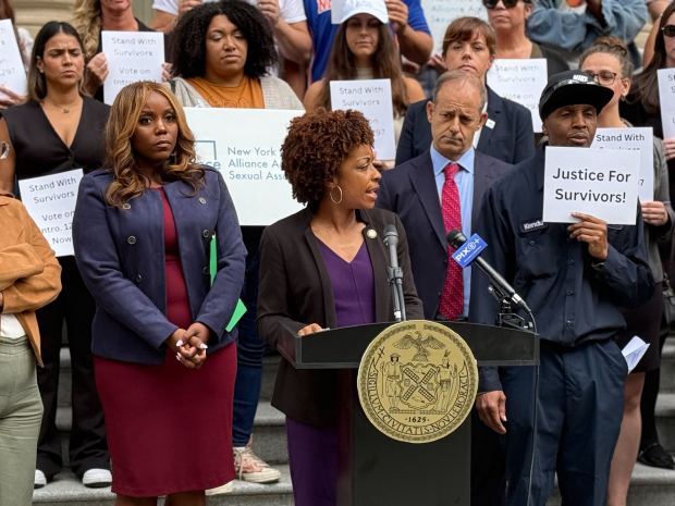 Councilwoman Selvena Brooks-Powers (D-Queens) speaks during a rally Tuesday, Sept. 30, 2025, in support of a bill that would clarify a legal pathway for victims of sexual abuse in New York City's juvenile detention facilities. (Cayla Bamberger / New York Daily News)