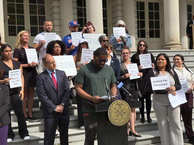 Rashawn Jones speaks during a rally Tuesday, Sept. 30, 2025, in support of a bill that would clarify a legal pathway for victims of sexual abuse in New York City's juvenile detention facilities. (Cayla Bamberger / New York Daily News)