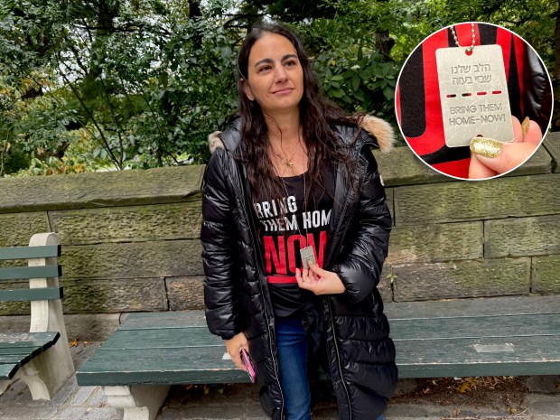 Debbie Ergas, 41, participated in the gathering in Central Park on Oct 12, 2025 anticipating the release of Israeli hostages in Gaza. (Rebecca White / New York Daily News)