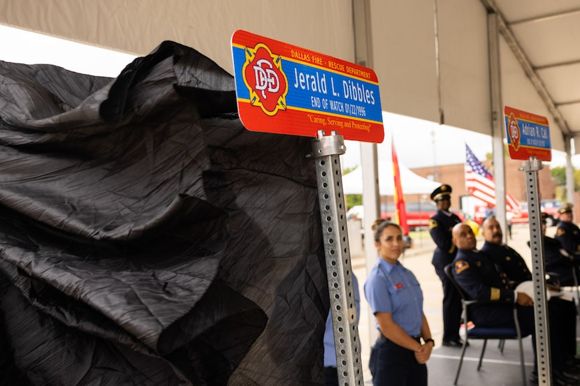 A street topper for Jerald L. Dibbles is unveiled as the Dallas Fire-Rescue honors 82...