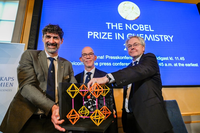 From left, Chair of the Nobel Committee for Chemistry Heiner Linke, Secretary General of the...
