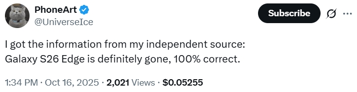 Ice Universe on the cancellation of the Samsung Galaxy S26 Edge