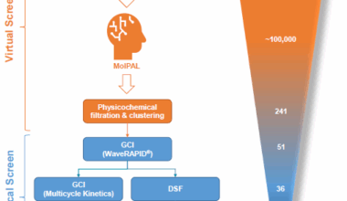 The hit identification process is centred on the MolPAL algorithm and a GCI-driven biophysical hit confirmation workflow. In silico activities are displayed in orange, biophysical screening activities in blue and ADMET profiling in grey. Figures in bracket correspond to the number of compounds processed though each individual stage for the BRPF1b bromodomain.