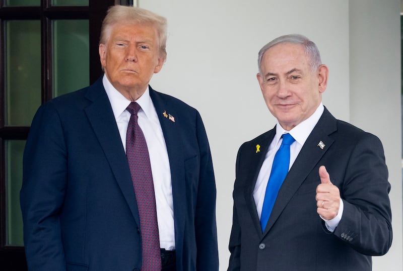 Donald Trump greets Israeli Prime Minister Benjamin Netanyahu as he arrives at the West Wing of the White House in Washington, DC on September 29, 2025.
