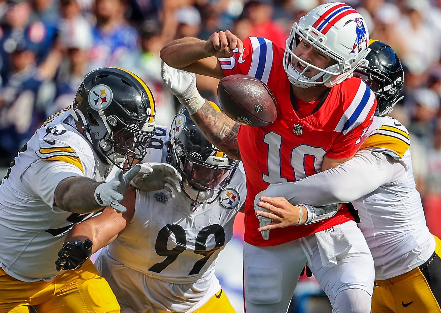 Patriots quarterback Drake Maye has taken 28 sacks this season, second-most in the NFL.