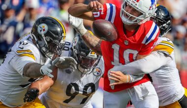 Patriots quarterback Drake Maye has taken 28 sacks this season, second-most in the NFL.