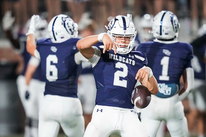 Prosper Walnut Grove quarterback Hayes Hackney (2) gestures toward the Anna bench as time...