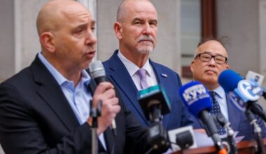Robert Grabel with Pennsylvania chapter of the Forward Party endorsing Pat Dugan (center) candidate for District Attorney of Philadelphia, Tuesday, October 14, 2025. At right is former Philadelphia City Councilmember David Oh.